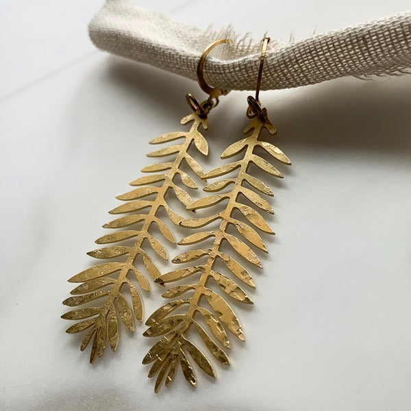 Handmade Textured Modern Brass Leaf Statement Earrings