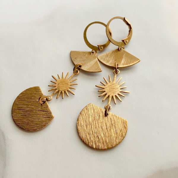 Long Brass Modern Sun Dangle Earrings