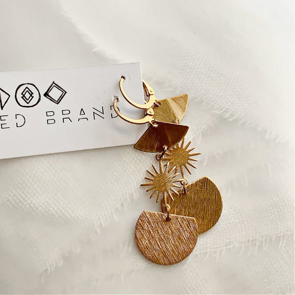 Long Brass Modern Sun Dangle Earrings