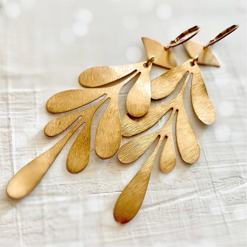 Long Oak Leaf Brass Earrings