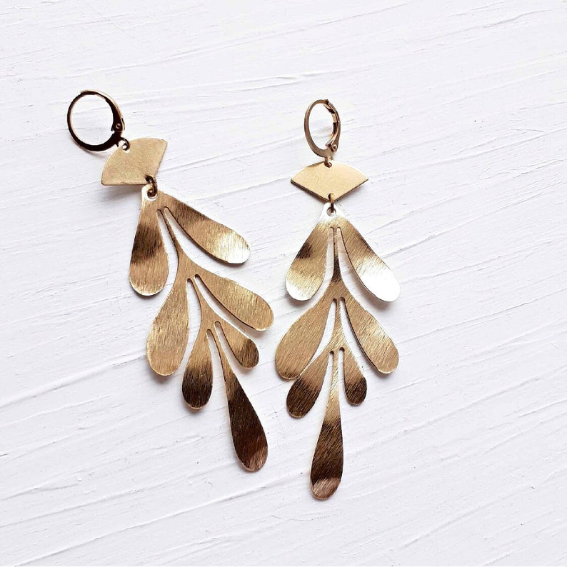 Long Oak Leaf Brass Earrings