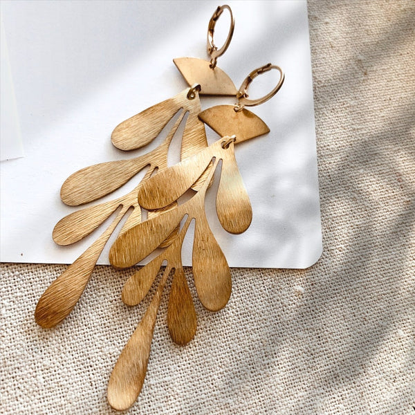 Long Oak Leaf Brass Earrings