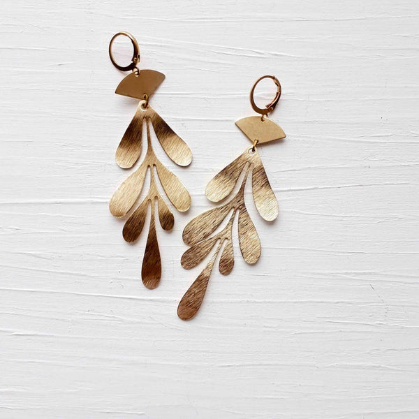 Long Oak Leaf Brass Earrings