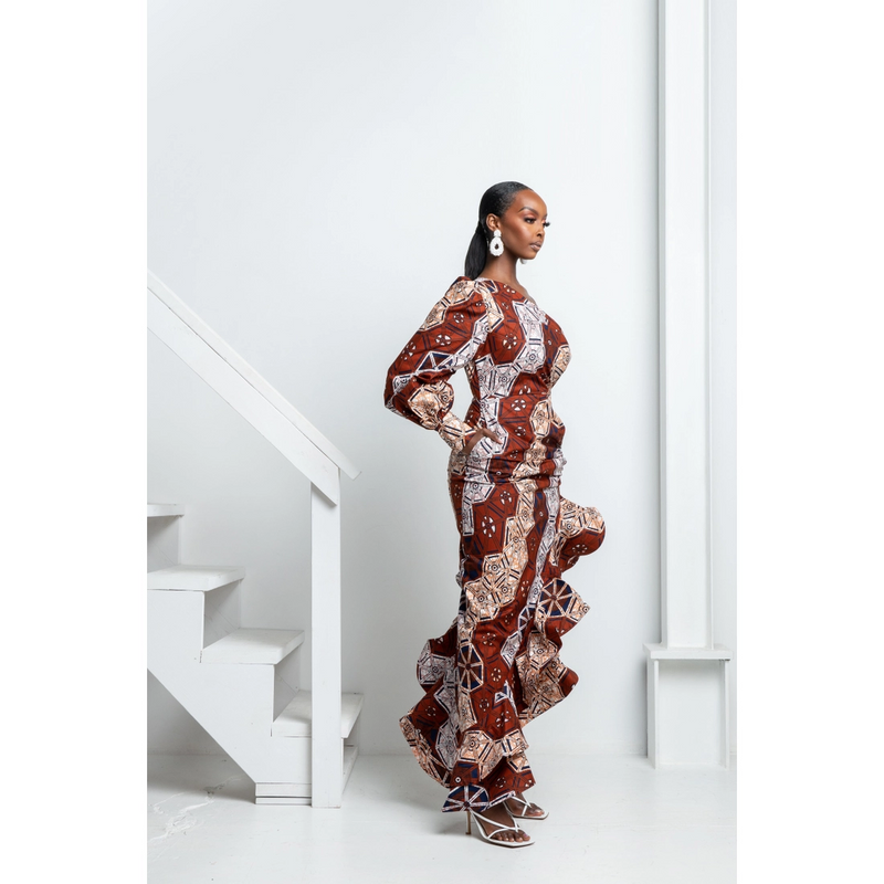 TENI One-sleeve Ruffle African Print Hi-low Dress